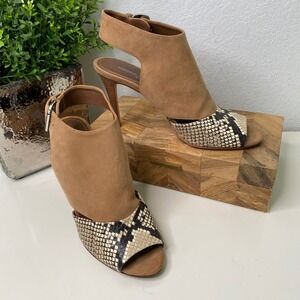 Donald Pliner Alix Tan Suede Snakeskin Print Open‎ Toe Stiletto Heels Size 9.5M